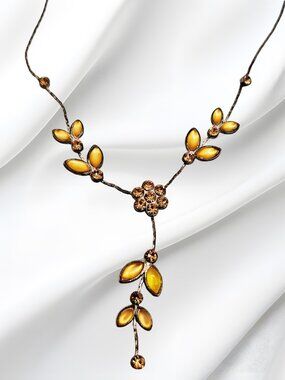 Amber Leaf Drop Necklace Vintage Style Bronze Tone Floral Rhinestone Lariat Neck